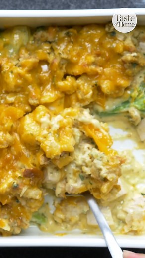 This contest-winning broccoli chicken casserole is quick, satisfying comfort food! Get the recipe: https://trib.al/IYl0zH3 | Taste of Home