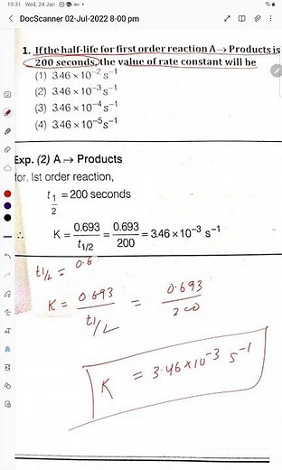 the half-life of first order reaction is 200 second then find the rate constant #class12 #cbse