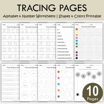 Alphabet & Number Tracing Worksheets | Shapes & Colors Printable, T-345