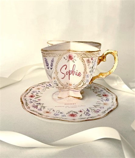 3D Teacup Place Card and Saucer Menu Template, Vintage Floral Tea Party Menu, Garden Bridal Shower Name Tag, Afternoon Tea Canva Edit - Etsy