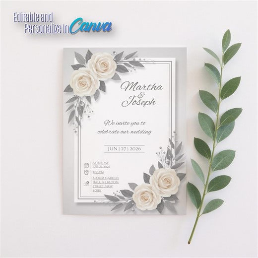 White Rose Wedding Invitation Template, Gray Floral, Pearl Frame (digital Download) - Etsy