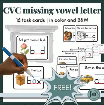 FREE | 16 SOR-aligned CVC task cards | fill in the missing middle vowel letter