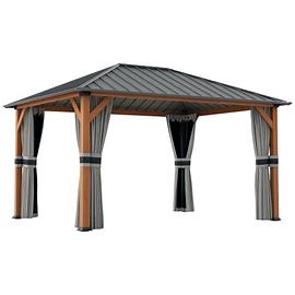 Pavillon de jardin structure alu aspect bois toit rigide métal galvanisé rideaux moustiquaires | Rakuten