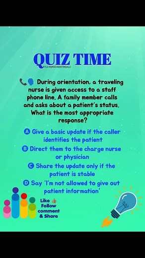 Patient privacy doesn’t pause for phone calls. 📵📞 As a traveling nurse, you may be new—but your responsibility to uphold HIPAA is constant. Always protect confidentiality, even when the caller "sounds like mom." What’s your go-to phrase when privacy’s at stake? #FloNurseNightingale #nursingeducation #nursingstudent #nursingquiz | Flo Nurse Nightingale