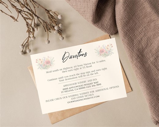 Heirloom Bloom Wedding Directions Card Template 5x3.5 | Editable Directions Insert | Heirloom Bloom Floral | Templett Instant Download - Etsy