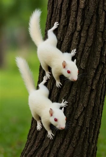Nature’s Ghost Climbers — The Albino Finlayson’s Squirrels 🐿️❄️ High in the forests of Southeast Asia, two pale figures slip down a tree trunk like spirits from another world. They are Finlayson’s squirrels — but with a rare twist: both are completely albino. Their fur is pure white, their eyes glow red in the sunlight, and their every movement seems to shimmer against the dark bark. Albinism occurs when an animal lacks melanin, the pigment responsible for color in skin, fur, and eyes. Without 