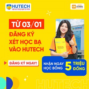 XÉT HỌC BẠ TẠI HUTECH: ĐĂNG KÝ SỚM, THÍ SINH ĐƯỢC HỌC BỔNG 5 TRIỆU ĐỒNG Từ ngày 03/01, HUTECH sẽ “kích hoạt” phương thức xét học bạ. Đáng chú ý, để khuyến khích thí sinh đăng ký sớm, HUTECH tặng học bổng 5 triệu đồng cho thí sinh nằm trong 3.000 thí sinh đầu tiên. Trong 02 hình thức xét học bạ năm 2023, xét theo tổng điểm 03 học kỳ dự kiến sẽ “hút” thí sinh - bởi hiện tại, các bạn vừa hoàn thành xong học kỳ 1 năm lớp 12. Mời quý phụ huynh, các bạn học sinh điểm qua vài thông tin đáng chú ý sau đ