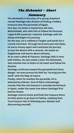 The Alchemist Summary in Seconds | Life Changing Story #shortsfeed