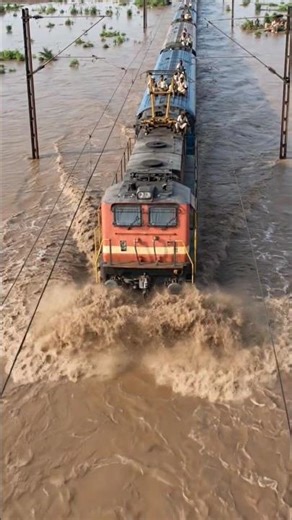 Train on Flood , people sitting in Top of Train Roof.