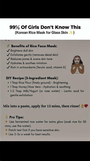 Korean Rice Mask for Glass Skin ✨ | 3-Ingredient DIY for Bright, Smooth & Poreless Skin 🌾💧