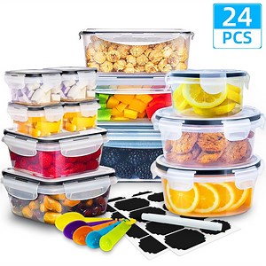 GPED 24 Pcs Food Storage Containers Set with Lids - BPA-Free Airtight Plastic Containers for Pantry & Kitchen Organization, Lunch Containers with Free Labels & Marker (12 Lids 12 Containers)