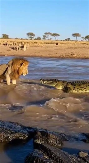 Nature’s Most Intense Face Off Male Lion Meets Giant Crocodile