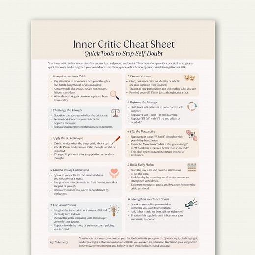 Inner Critic Cheat Sheet, Reframe Negative Thoughts Worksheet, Printable Mental Health Resource Tool - Etsy