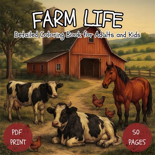 Farm Animal Coloring Book for Kids & Adults | Farm Life Coloring Pages | Barnyard Animals | Countryside Coloring Book | Printable PDF - Etsy