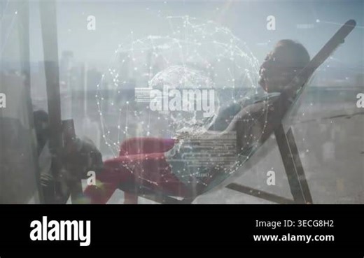 Woman reclining on lounge chair, relaxing while man pressing glass initiating tech globe overlay Stock Video Footage - Alamy