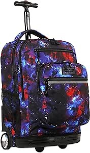 J World Sundance Laptop Rolling Backpack for Girls Boys. Roller Bookbag with Wheels, Galaxy