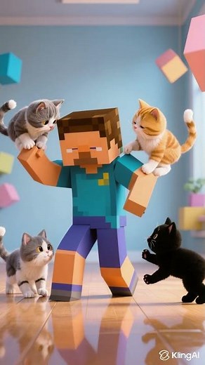 A Minecraft character plays with cats.
