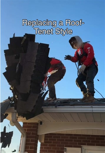 Do you think Christopher Nolan would enjoy this? @tenetmovie How's this roof replacement for some good entertainment? We took a different approach to roofing and did everything inverted. From clearing the shingles to driving the truck 🛻 . . . . . #tenetmovie #tenet #christophernolan #nolanmovies #roofing