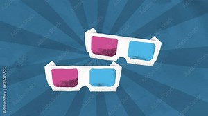 Animated hand-drawn 3d cinema glasses. Modern collage style. 4K animated video. Stop motion.