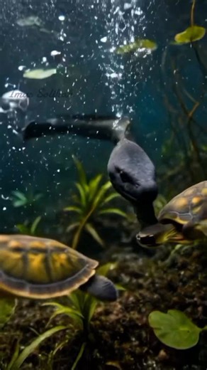 “It’s not speed that kills, but electricity.”⚡⚡🐢 #ElectricEel #AmazonRiver #FreshwaterPredator #Turtle | Imas Solihah