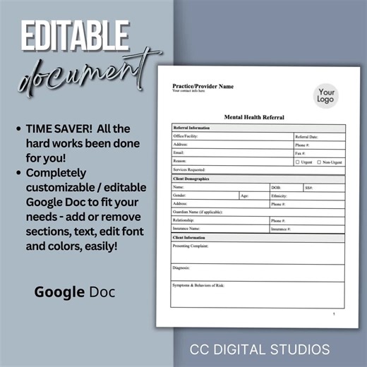 Mental Health Referral Template: Therapist Office Resources (google Doc) - Etsy UK