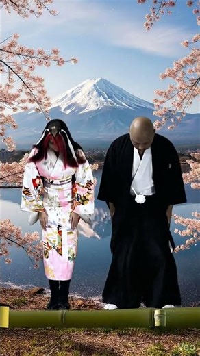 A human interstellar and his alien wife, in Japanese attire, pay quiet respect beneath mount Fuji.