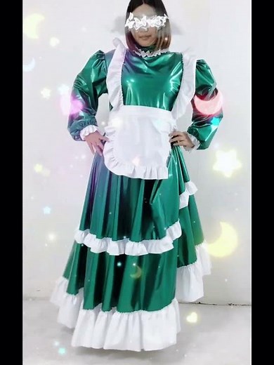 High Qualities French Maid Faux Latex Long Dress Long Sleeves Apron with Trims Frills PVC Uniform