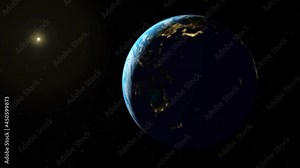 Earth in space with the sun and stars in background. The Earth makes a full looping rotation. CGI [Computer Generated Graphics]