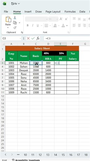📊 Excel Salary Sheet (HRA, PF & Net Salary Calculation)#ExcelSalarySheet#MSExcel#ExcelFormula#Salary