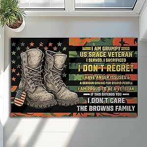 Personalized US Veteran Doormat with Military Boots and Tag – Custom Name Welcome Mat for Patriotic Outdoor Entryway, Garage, Porch – Bold Funny Statement Rug for Veterans and Military Homes