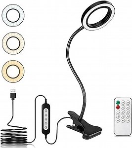 Clamp Desk Lamp, 40 LED USB Book Light with Remote, Eye-Caring Clip on Reading Light, 360° Flexible Gooseneck, 3 Color Mode 10 Dimming Level, 4.7 Inch Diameter, 0.5/1/3/6/9/12h Timer, 8w