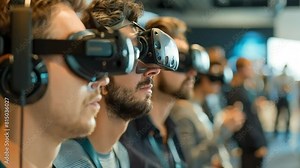 Developers demonstrating new virtual reality technology at a conference. cutting-edge developments and the audience's interest in innovation.