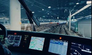 View from a train driver's cabin showing controls and tracks.