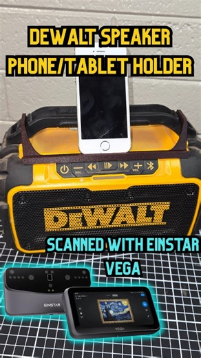 Tyler Schafer | 3D Printing and Design on Instagram: "Scanned my Dewalt DCR010 speaker using the @einstar3d Vega 📡 Hit it with some @aesub_ Orange for clean tracking, then built the phone/tablet holder in @adskfusion before sending it to the printer 👇 Scanning towers- designed by made.in.miedling on Makerworld 🖨️ Printer: @bambulab_official H2D 🎨 Filament: @esun3dprinting PETG-CF ⚡ Build Plate: @darkmoon.3d G10 📂 File: @tys3dprinting on Thangs #3DScanning #EinstarVega #AESUB"