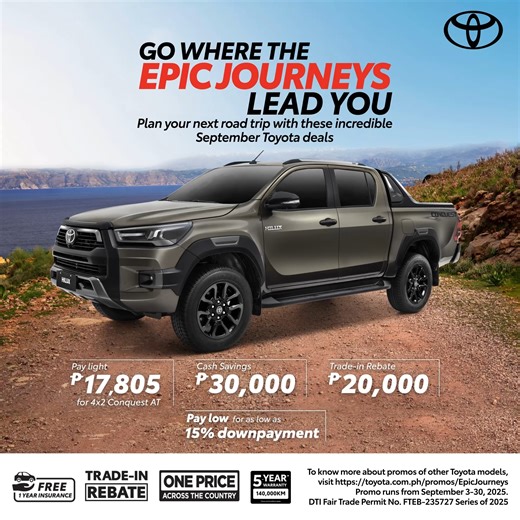 Power, reliability, and value all in one. Own the Toyota Hilux 4x2 Conquest AT today with up to P112,000 savings, Free PMS, Free Insurance, Trade-in Rebate, and a 5-year Warranty. Learn more at https://toyota.com.ph/promos/EpicJourneys or visit your nearest Toyota dealership today. | Toyota Motor Philippines