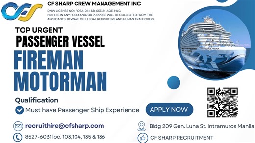 To all interested applicants, please send your CV to 𝗿𝗲𝗰𝗿𝘂𝗶𝘁𝗵𝗶𝗿𝗲@𝗰𝗳𝘀𝗵𝗮𝗿𝗽.𝗰𝗼𝗺 or register to https://forms.gle/f8XtnQsgUYuZ3vD1A NO FEES IN ANY FORM AND/OR PURPOSE WILL BE COLLECTED FROM THE APPLICANTS. BEWARE OF ILLEGAL RECRUITERS AND HUMAN TRAFFICKERS | CF Sharp Recruitment