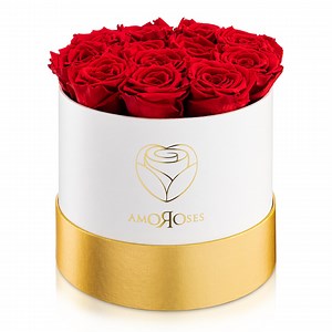 Amoroses Prestige - 12 véritables roses rouges stabilisées dans un coffret à chapeau blanc et or fait main
