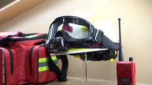 Red first aid bag emergency with goggle and headlight for disaster and unpredictable accident
