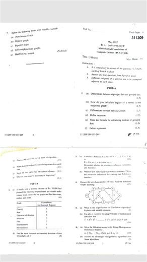 mathematics fundamentals of computer science question paper 2025 bca 2nd sem / bcads1st sem maths