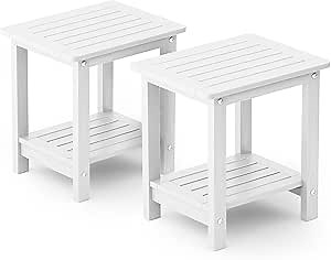 YEFU Outdoor Side Table for Patio: 16" HIPS Weather - Resistant Adirondack Tables Set of 2 - Small Square End Tables for Backyard Pool Porch Balcony - Indoor Outdoor Double Layer Table White