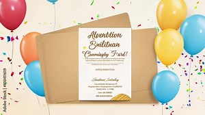 Colorful birthday or party invitation card with colorful balloons and confetti. Ideal for invitations or flyers. Video with copy space. invite, birth, celebrate, balloon, empty, border, anniversary