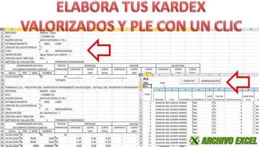 💻 Kardex valorizado y PLE con un clic 💻 💽 Para obtener la plantilla revisa el siguiente link: 🔗 https://www.archivoexcel.com/macro-para-elaborar-kardex-valorizado-en-forma-masiva/ - - - - - - - - - - - - - - - - - - - - - - - - - - - - - - 📌 Esta plantilla en Excel elaborada con macros, permite elaborar los kardex valorizados de un mes en forma masiva y también el PLE. Primero se configura los parámetros e ingresa la data del mes y con un clic se genera toda la información. - - - - - - - - 