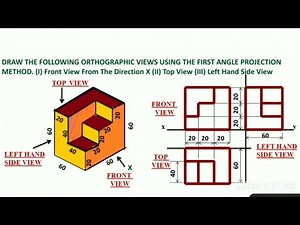 Draw the front view, top view and side view of the object given in figure.Use first angle projection