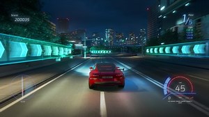 Gameplay of a Racing Simulator Video Game with Interface. Computer Generated 3D Car Driving Fast and Drifting on a Night Highway in a Modern City. VFX Animation. Third-Person View.