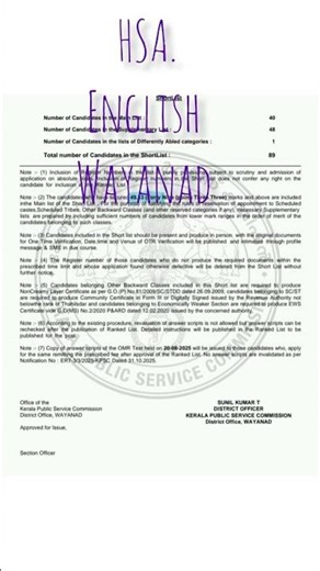 HSA Short List || English || Wayanad