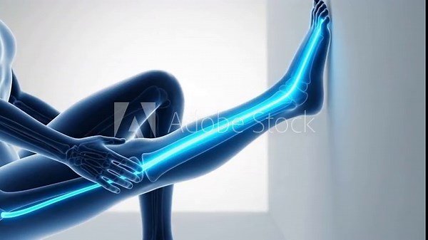3D animation of sciatic nerve pain relief through stretching exercise. X-ray view of human leg anatomy showing skeletal structure and neuralgia treatment.