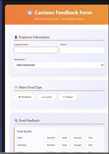 🍽️ Canteen Feedback Form with Excel Dashboard #canteen #food #meal #lunch #dinner #pantry #food