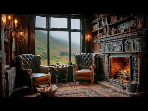 Cozy Scottish Ambience Castle Den - A Warm Fire in a Calming Library in the Highlands