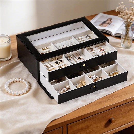 Black Leather Jewelry Organizer, 2 Layers Visual Large Capacity Keepsake Box, for Necklaces, Rings, Bracelets, and Watch, Vanity Storage - Etsy