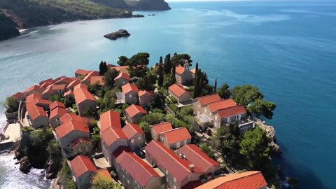 Drone Over Sveti Stefan Island: Montenegro's Luxury Resort